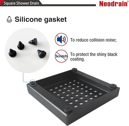 Neodrain 4-Inch Square Shower Drain with Removable Quadrato Pattern Grate, 304 Stainless Steel, Includes PVC Shower Drain Base&Hair Strainer, Shiny Black