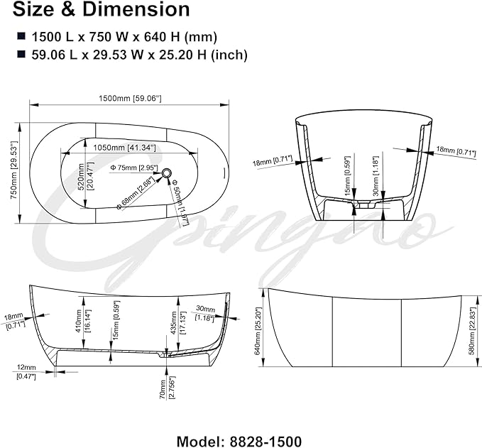 Cpingao 59" Solid Surface Freestanding Bathtub, Contemporary Oval Stone Resin Stand Alone Soaking Tub with Overflow and Pop Up Drain, One-Piece Molding Matte White 8828-1500