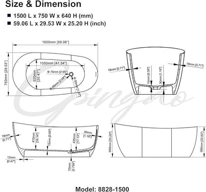 Cpingao 59" Solid Surface Freestanding Bathtub, Contemporary Oval Stone Resin Stand Alone Soaking Tub with Overflow and Pop Up Drain, One-Piece Molding Matte White 8828-1500