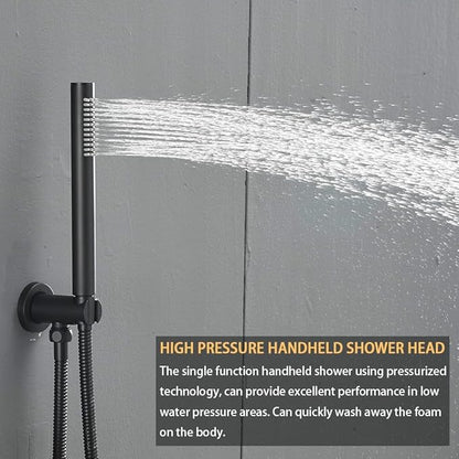Matte Black Round Shower Faucet Set with Body Jets 10 Inch Shower Head Handheld Shower Combo Set High Pressure Ceiling Mount with Rough-in Valve