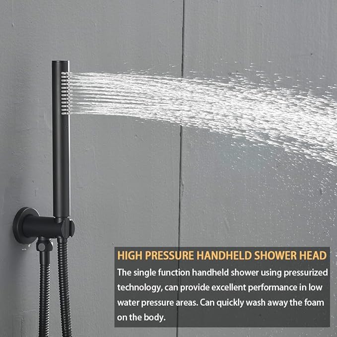 Matte Black Round Shower Faucet Set with Body Jets 16 Inch Shower Head Handheld Shower Combo Set High Pressure Ceiling Mount with Rough-in Valve