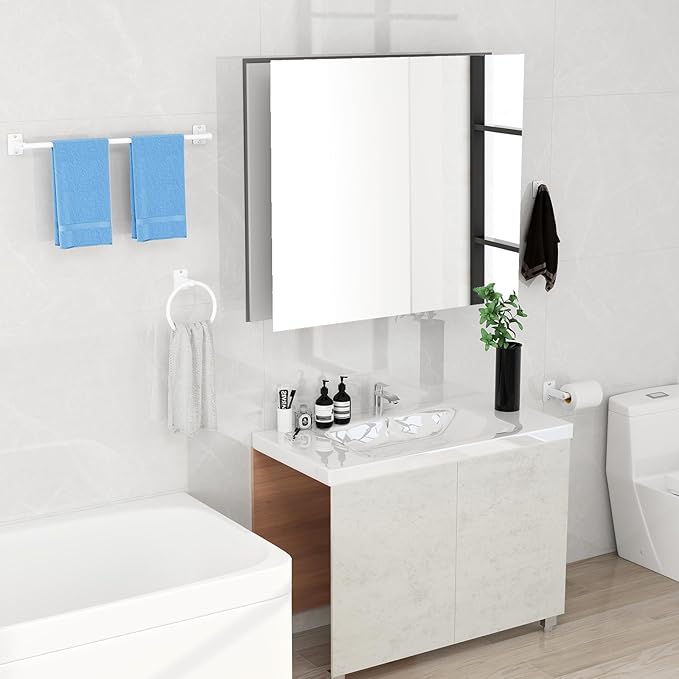 Bathroom Accessories Set, 4 Pieces White Bathroom Hardware Set, 24 inch Towel Bar, Towel Racks for Bathroom, Robe Towel Hooks, Toilet Paper Holder Wall Mounted