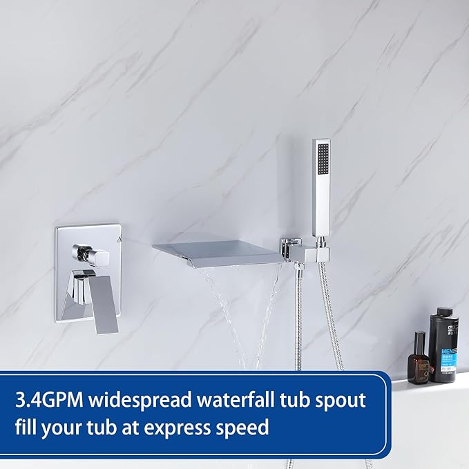 TapLong Wall Mount Bathtub Faucet with Waterfall Tub Spout Bath Tub Faucet Set with Handheld Shower Single Handle Tub Filler Shower Faucet Set with Rough-in Valve and Trim Kit, Polished Chrome, 91266