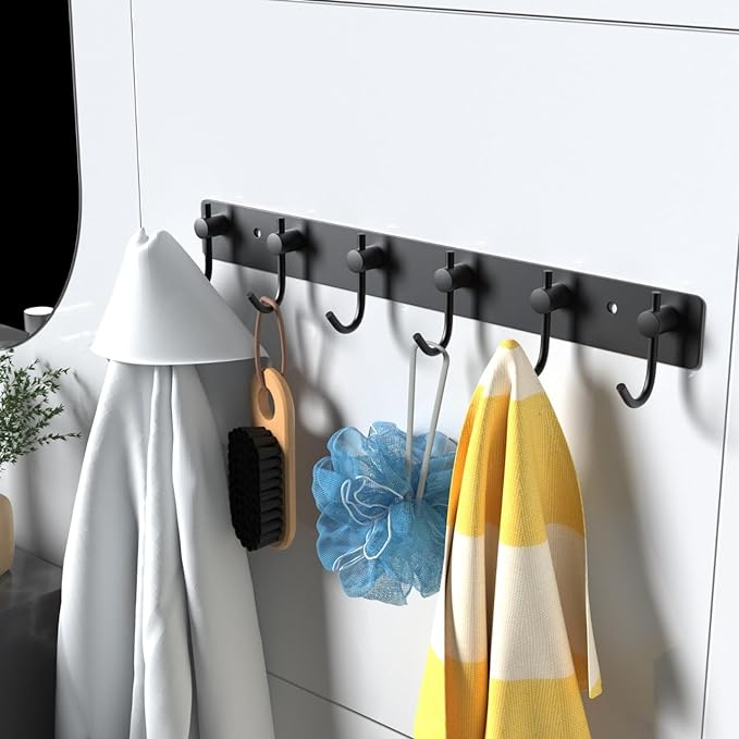 VAEHOLD Wall Hooks for Hanging, Black Coat Rack Wall Mount with 6 Coat Hooks, Towel Hanger, Hat Hooks, Robes Hook in Bathroom, Bedroom, Kitchen, Living Room (2 Pack)