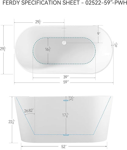 FerdY Shangri-La 59" Acrylic Freestanding Bathtub, Gracefully Shaped Soaking Bathtub, Glossy White, cUPC Certified, Polishe White Drain & Minimalist Linear Design Overflow Included, 02522