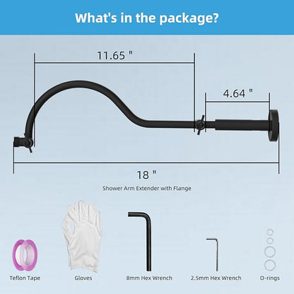 Hibbent All Metal Upgraded 18'' Shower Head Extension Arm, Shower Arm with Flange, Solid Brass Flexible Height & Angle Adjustable Shower Extender with Lock Joint, Universal Connection, Matte Black