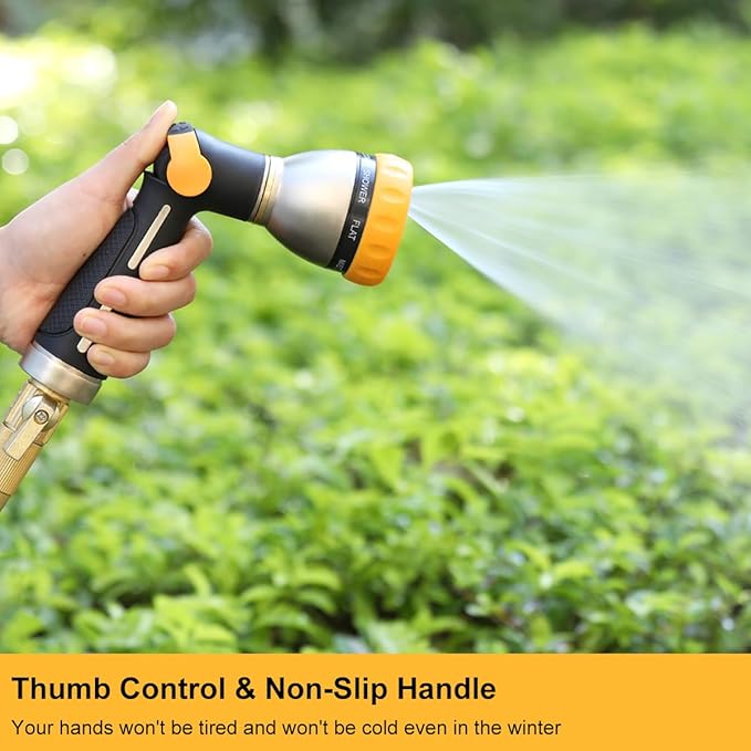FANHAO Garden Hose Nozzle, 100% Heavy Duty Metal Spray Nozzle with Thumb Control, High Pressure Water Nozzle with 8 Adjustable Spray Patterns for Watering Plants, Washing Cars and Showering Pets