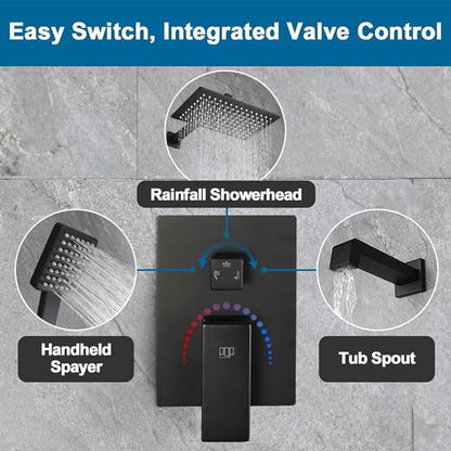 POP SANITARYWARE Matte Black Shower Tub Faucet Set Bathroom Rain Shower System with Tub Spout Wall Mounted Rainfall 12 Inch Shower Head and Handle Set Include Shower Valve and Trim Kit