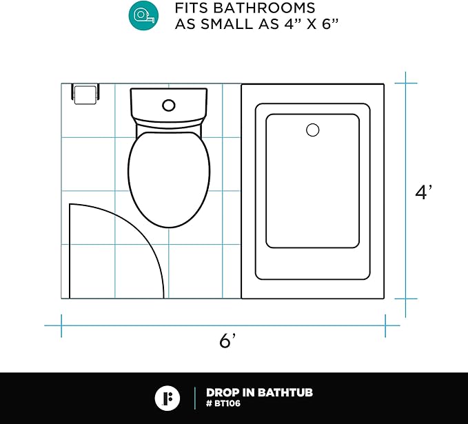 Fine Fixtures Drop In White Soaking Bathtub, Fiberglass Acrylic Material, 48"L x 32"W x 19"H