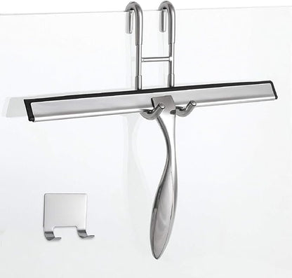 Simtive 12-Inch Shower Squeegee Set, Includes Shower Door Hook and Adhesive Hook, Squeegee for Shower Doors, Mirror and Window, Silver