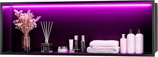 WICHEMI Stainless Steel Shower Niche 36" X 12", No Tile Needed Wall Niche with RGB Light, Recessed Shower Shelf for Bathroom Storage Over Mount Installation, Matte Black