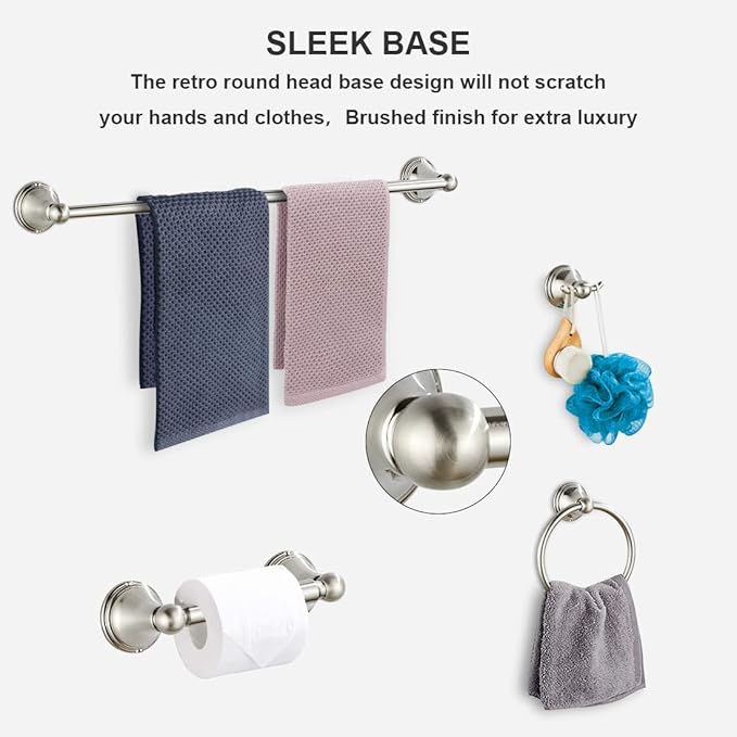 Newfun 8-Pieces Brushed Nickel Bathroom Accessories Set Towel Racks for Bathroom - Bathroom Hardware Set,2 * 24 Inch Towel Bar for Bathroom 2*Toilet Paper Holder 2* Towel Ring Towel Holders 2* Hook