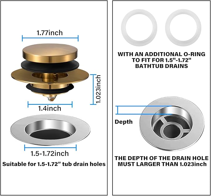 Bathtub Drain Stopper, Uxoz Universal Tub Stopper for Replacing Tip Toe/Trip Lever/Lift&Turn Tub Drain, Bath Tub Drain Stoppers Desiged for 1.5"-1.72" Drain Hole w/3 O-Rings, Gold