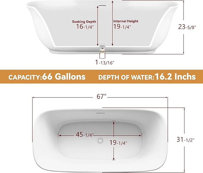 67" Free Standing Tub, Pure Acrylic Freestanding Bathtub, Stylish Stand Alone Contemporary Deep Soaking Bath Tub, cUPC Certified SY6270 (Glossy White)