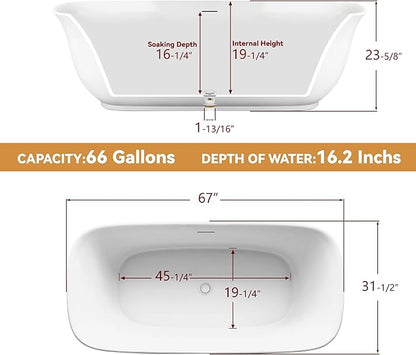 67" Free Standing Tub, Pure Acrylic Freestanding Bathtub, Stylish Stand Alone Contemporary Deep Soaking Bath Tub, cUPC Certified SY6270 (Glossy White)