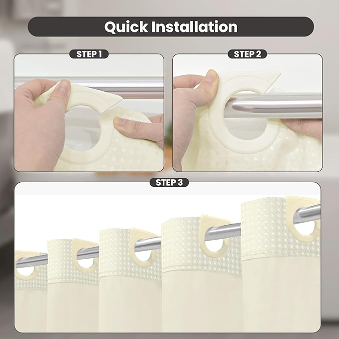 Inhousolu Long No Hook Shower Curtain with Snap in Fabric Liner Set Waffle Weave 230GSM Weighted Hem, Waterproof & Washable Bathroom Curtain Spa Luxury with Mesh Top Window 72" W x 78" L Ivory