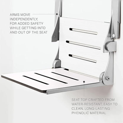 Seachrome Silhouette Comfort Folding Wall Mount Shower Bench Seat with Arms, White Seat with Matte Black Frame
