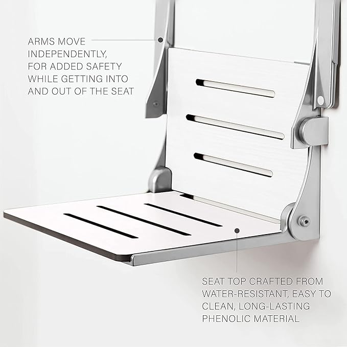 Seachrome Silhouette Comfort Folding Shower Bench Seat with Arms, Grey Seat with Matte Black Frame (SHAFAR-185155-PGS-S-MB-BK)