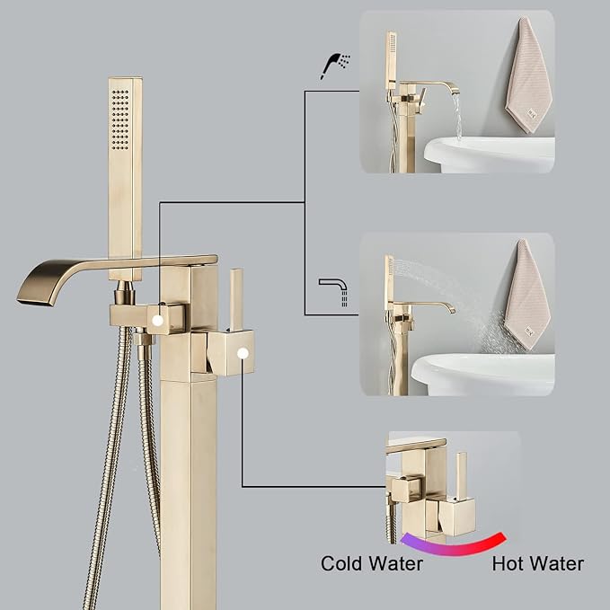 Freestanding Bathtub Faucet Brushed Gold Floor Mount Waterfall Tub Filler High Flow with Hand Shower Solid Brass 360 Degree Swivel Standing Mixer Taps for Bathroom