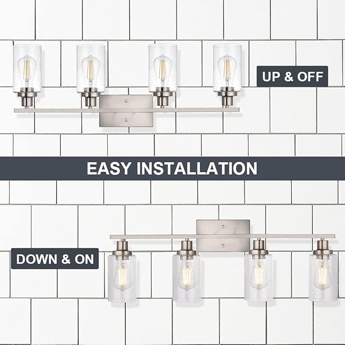 4-Lights Modern Vanity Light Fixtures for Bathroom Over Mirror, Farmhouse 31-Inches Length Seeded Glass Bath Wall Sconce Lighting in Brushed Nickel