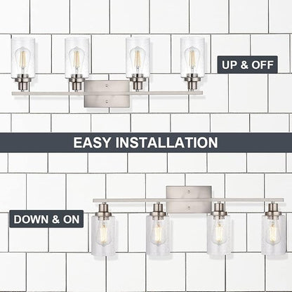 4-Lights Modern Vanity Light Fixtures for Bathroom Over Mirror, Farmhouse 31-Inches Length Seeded Glass Bath Wall Sconce Lighting in Brushed Nickel