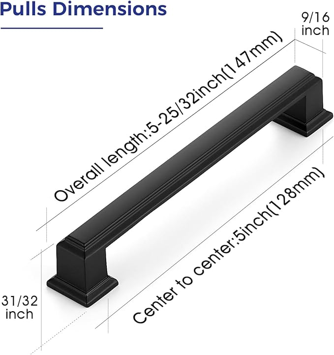 Ravinte Hardware 10 Pack Matte Black Cabinet Pulls, 5 Inch (128mm) Hole Center Zinc Alloy Drawer Handles for Kitchen Cabinets, Cupboards, Dressers, Square Solid Metal Hardware