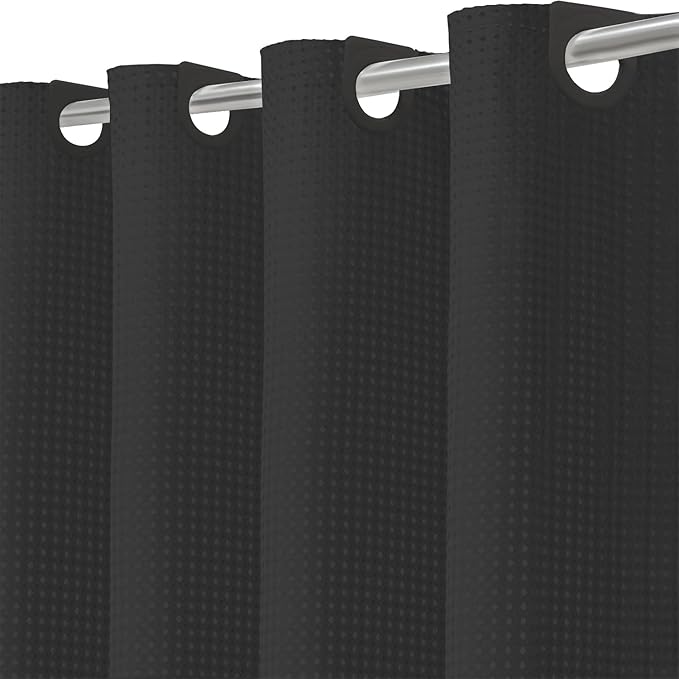 Inhousolu No Hook Waffle Weave Shower Curtain with Removable Snap in Fabric Liner Set for Bathroom, 230 GSM Heavy Duty Weighted Hem, Water Repellent Washable Bath Curtains, 60 x 72 Inch, Black