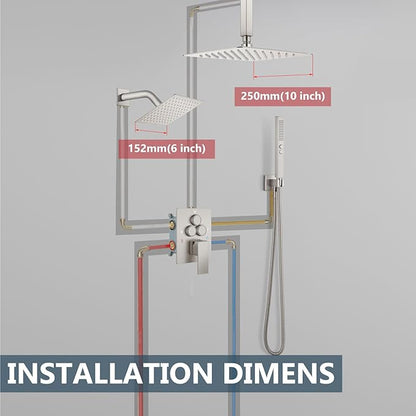 Aolemi Shower Faucet Set Ceiling Mount Shower System Rough-in Valve and Shower Trim Kit 10 and 6 Inch Dual Shower Head 2 in 1 Handheld Spray Push Button Diverter Brushed Nickel