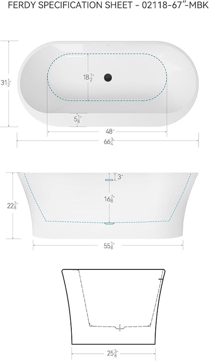 FerdY Mauritius 67" Acrylic Freestanding Tub, Oval Contemporary Soaker Tub, Extra Deep Bathtub, Matte Black Drain and Minimalist Linear Design Overflow, Modern White Bathtub, cUPC Certified