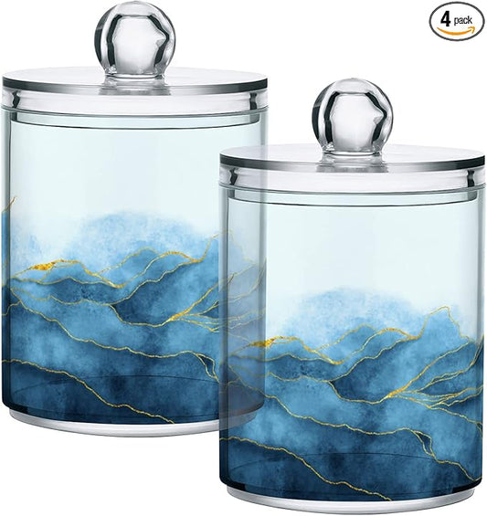 4 Pack Qtip Holder Organizer Dispenser Blue Watercolor Marble Bathroom Containers Bathroom Vanity Storage Canister Apothecary Jars for Cotton Swabs/Pads/Floss