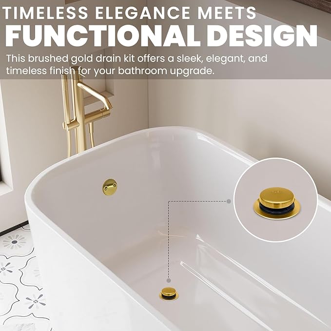 LXLTOUS Brushed Gold Toe Tap Bathtub Trim Set with Two-Hole Overflow Faceplate, Replacement Brass Tub Drain Kit with 2-Hole Overflow Cover and Universal Fine/Coarse Thread, Fits 1-3/8" and 1-1/2"