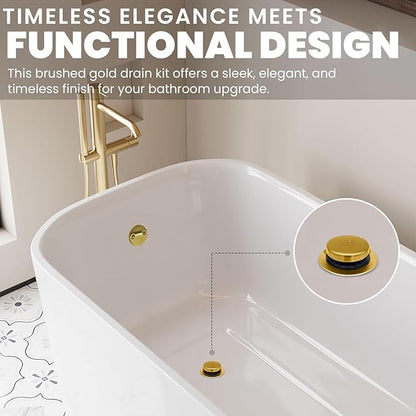LXLTOUS Brushed Gold Toe Tap Bathtub Trim Set with Two-Hole Overflow Faceplate, Replacement Brass Tub Drain Kit with 2-Hole Overflow Cover and Universal Fine/Coarse Thread, Fits 1-3/8" and 1-1/2"