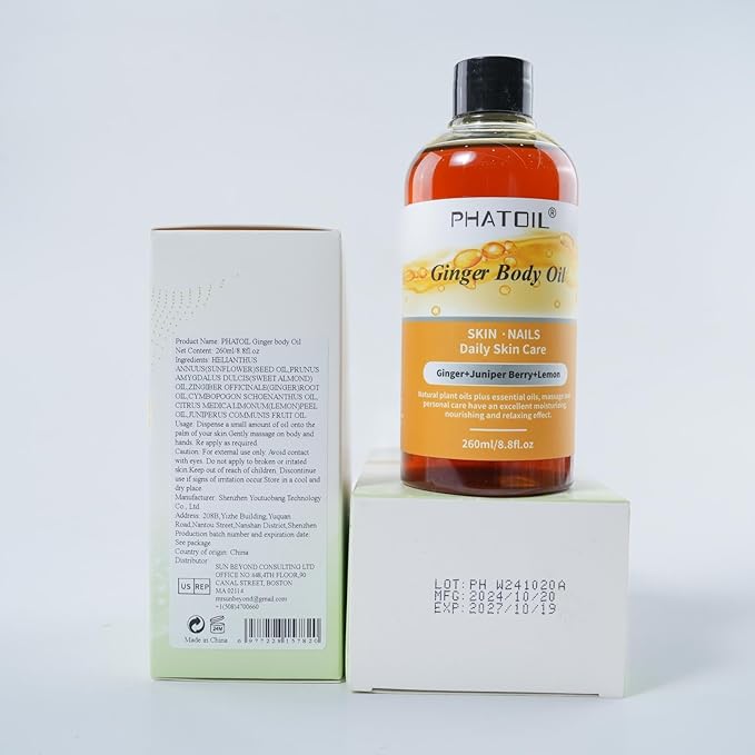 PHATOIL Ginger Oil for Body Massage,Gua Sha, Lymphatic Drainage, 260ML Large Bottle Body Oils for Moisturizing and Nourish Skin, Premium Ginger Body Massage Oil for All Skin Types(8.8oz)
