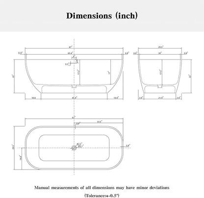 67'' Freestanding Bathtub Resin Stone Deep Soaking Tubs Solid Surface Matte Tub with Overflow and Pop-up Drain