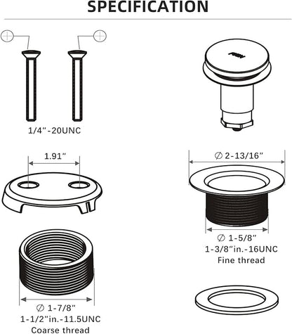 All Metal Tip-Toe Bathtub Drain Kit with Two-Hole Overflow Faceplate and Universal Fine/Coarse Thread Assembly, Bath Tub Drain Kit fits All Bathtub -Chrome Plated