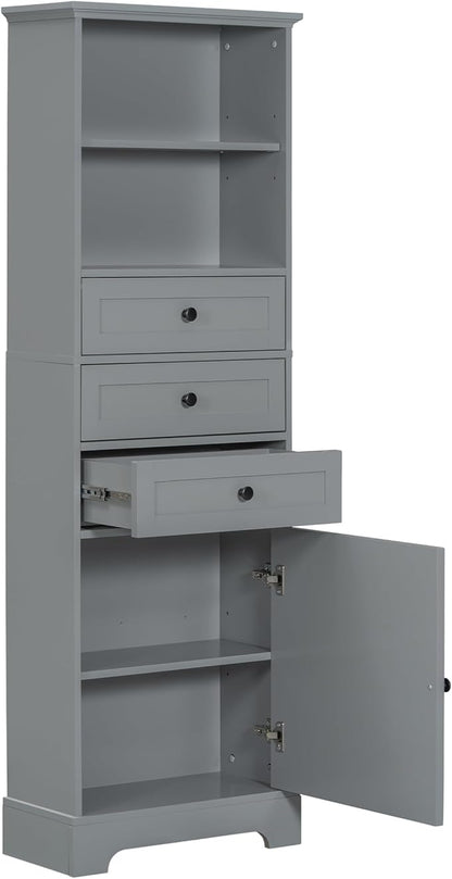 Favfurish 67" Tall Bathroom Storage Cabinet with Door and 3 Drawers,Modern Linen Cabinets w/Adjustable Shelf & 2-Tier Open Shelves,Freestanding Organizer for Bath Room,Study,Office,Grey