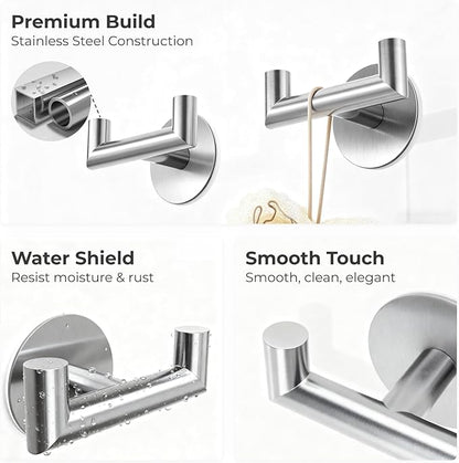 2 Pack Brushed Nickel Bathroom Hooks for Towels - Self Adhesive Double Hooks for Wall, No Drilling, Stainless Steel 304, Strong Hold for Robes, Coats, Shower Use