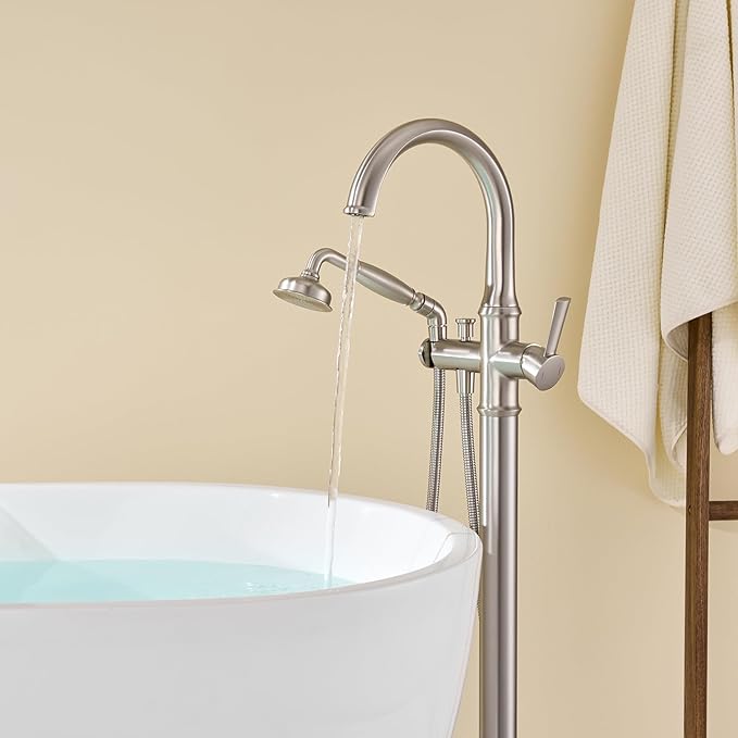 Freestanding Tub Faucet Floor Mount Tub Filler Brushed Nickel Free Standing Bathtub Faucet Brass Bath Faucet with Hand Shower