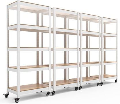 HOMEDANT House 5-Tier Metal Rolling Cart Shelf Rack Casters Heavy Duty Laminated Wheel Shelving Unit Adjustable Utility Storage Shelves Organizer Shelf Kitchen Garage (4, (S) 24.4" W, White)