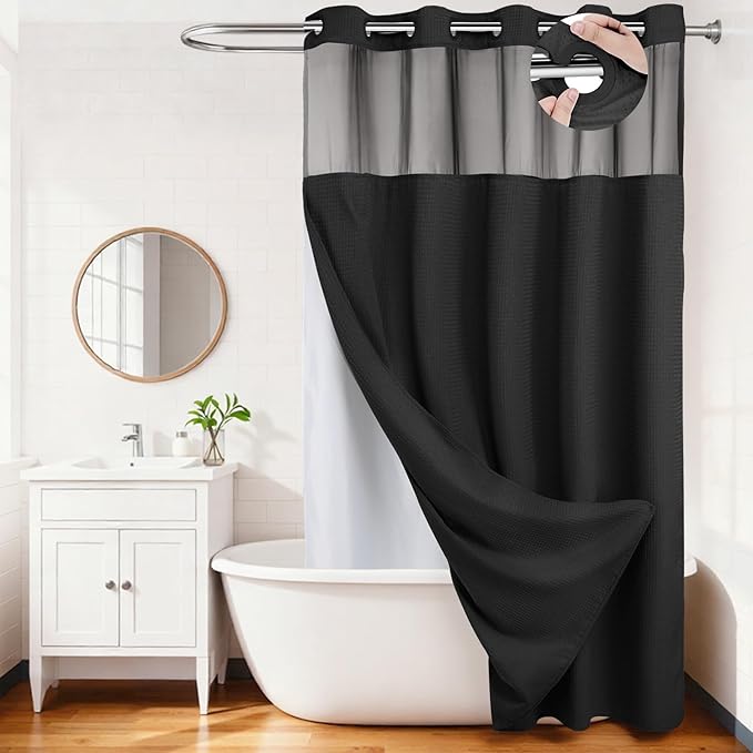 River Dream Heavyweight No Hooks Required Dotted Waffle Weave Shower Curtain with Snap in Liner -Extra Long 71W x 86H,Hotel Grade,Spa Like Bath Curtain,Black