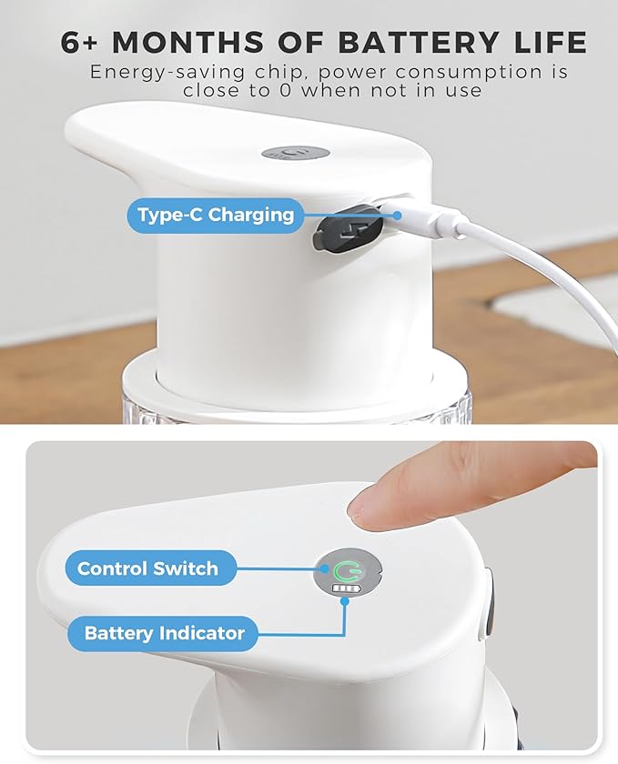 Automatic Foaming Soap Dispenser Touchless, 10oz/300ml Rechargeable, 3 Adjustable Foam Levels, IPX7 Waterproof, for Kitchen Bathroom, White
