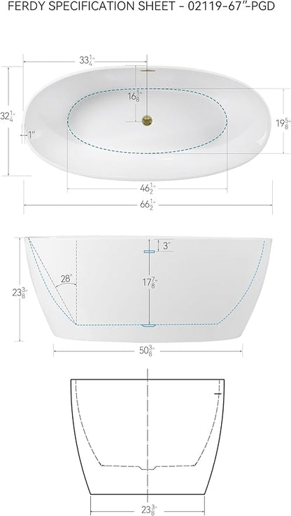 FerdY Tahiti 67" Freestanding Bathtub Elegant Oval Shape, Glossy White Double Walled Insulation bathtub with Center Polished Gold Drain & Overflow, cUPC Certified