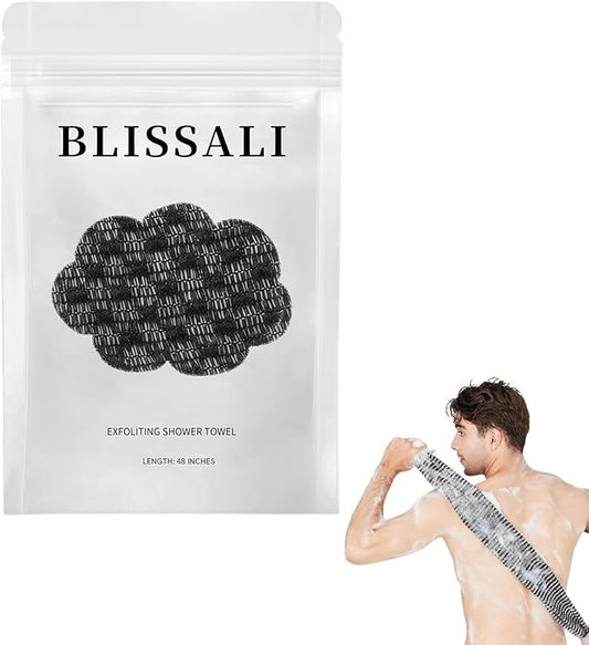 Blissal Exfoliating Shower Towel 47", Premium Scrub Wash Cloth for Body Face, Blissal Shower Towel for Smooth Skin, Quick Drying Durable-Body Scrubber with 2 Sides for All Skin Types (Black)