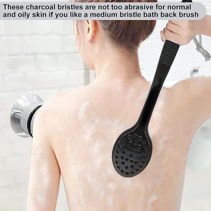 Back Bath Brush - Curved Long Handle Shower Brush with Medium Stiff Charcoal Bristles for Cleaning and Exfoliating Body, Back Scrubber for Men & Women (Black 2 Pack)