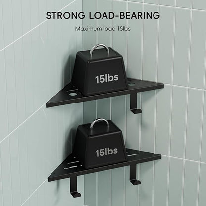 10’’ Shower Corner Shelf, Stainless Steel Shower Shelves with Razor Hole for Bathroom, Grout in Corner Shelf with Hooks for Tiled Wall 2 Pack, Matte Black