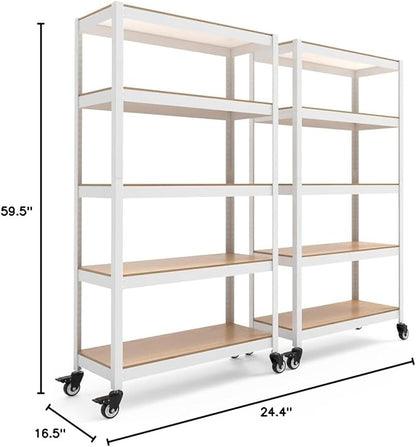 HOMEDANT House 5-Tier Metal Rolling Cart Shelf Rack Casters Heavy Duty Laminated Wheel Shelving Unit Adjustable Utility Storage Shelves Organizer Shelf Kitchen Garage (2, (M) 36.2" W, White)