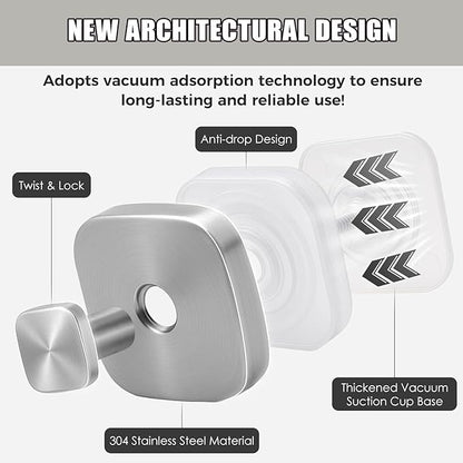 4Pcs Square Suction Cup Hook, 304 Stainless Steel Shower Hook, Removable Suction Cup Knob for Shower, Bathroom, Kitchen, Glass Door, Mirror (Silver)