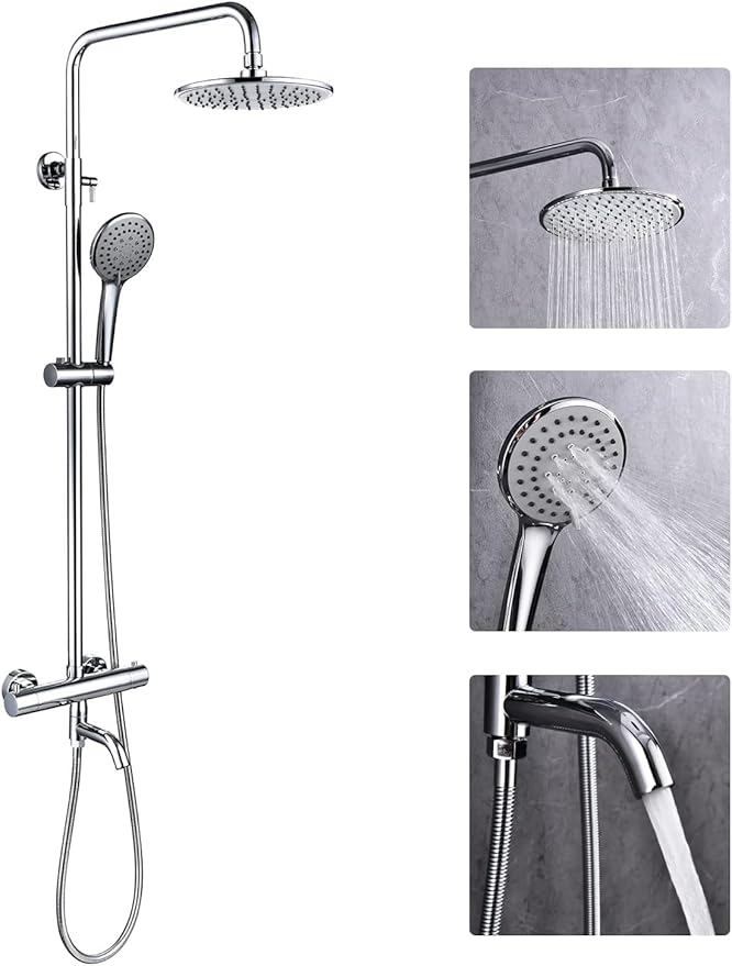 Outdoor Shower Faucet Set 8" Round Shower Head 3 Function Thermostatic Rainfall Shower Faucet Set Handheld Sprayer with Constant Temperature Polished Chrome with Height Adjustable Slide Bar