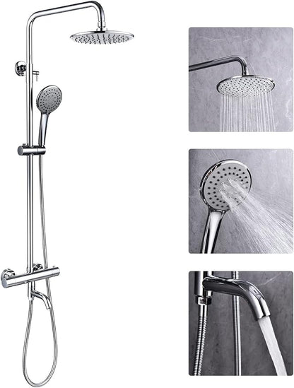Outdoor Shower Faucet Set 8" Round Shower Head 3 Function Thermostatic Rainfall Shower Faucet Set Handheld Sprayer with Constant Temperature Polished Chrome with Height Adjustable Slide Bar