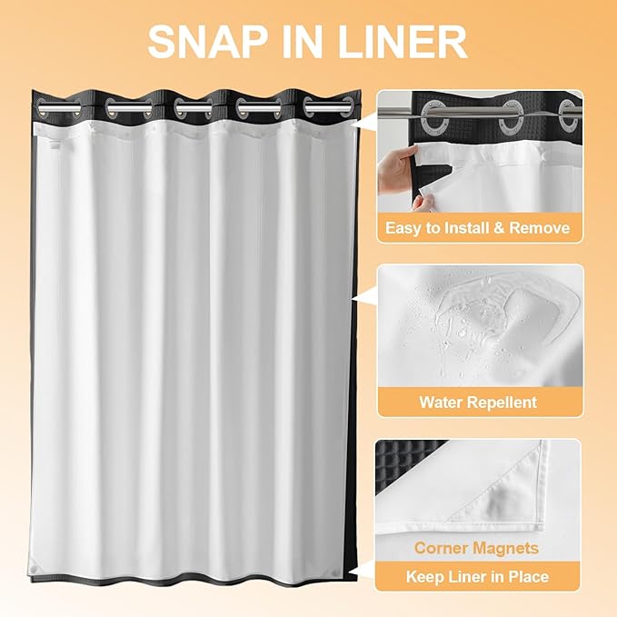 River Dream Extra Long No Hook Shower Curtain with Snap in Liner, Cotton Blend Shower Curtains for Bathroom, Hotel Grade, Water Repellent, Black, 71" Wx86 L